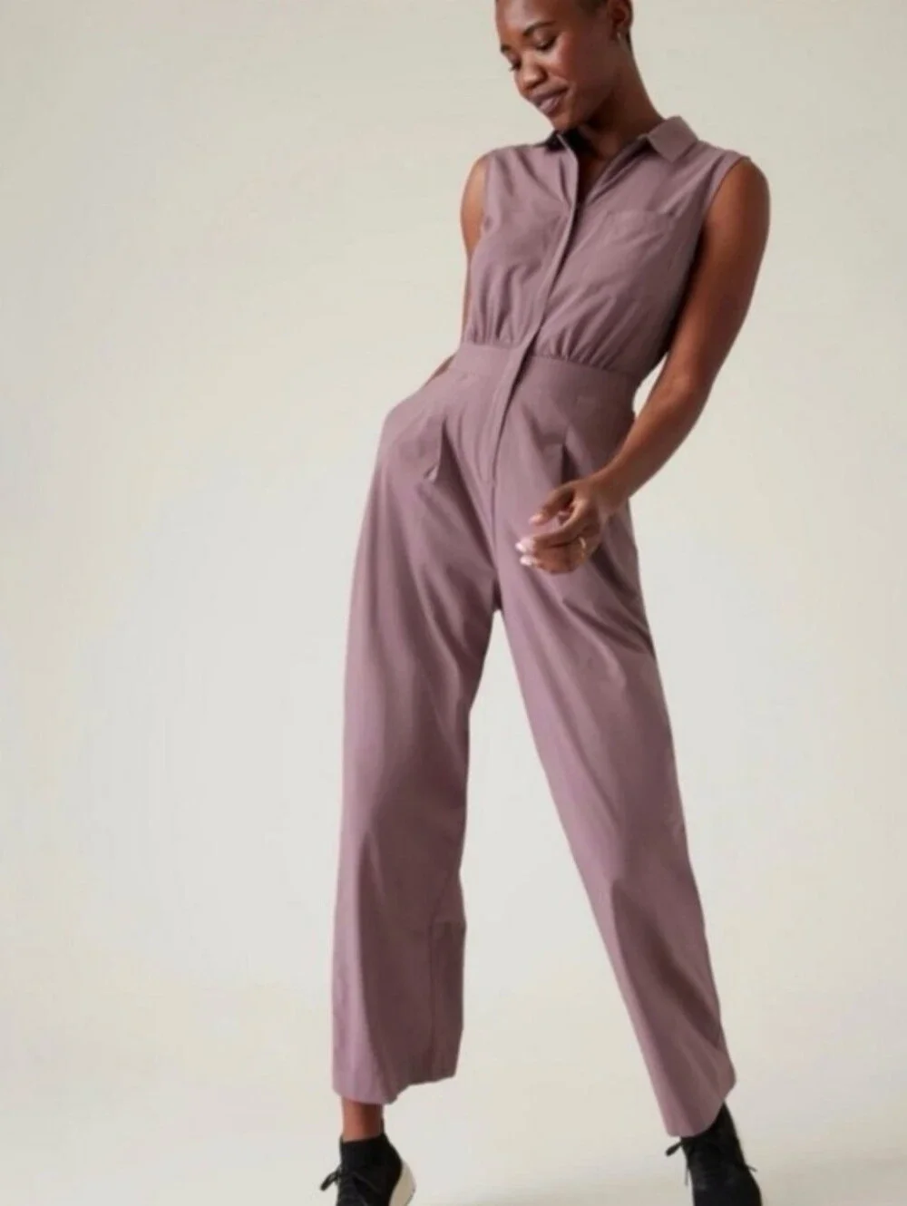 Athleta Sleeveless Collared Wide-Leg Jumpsuit in Mauve Size 2